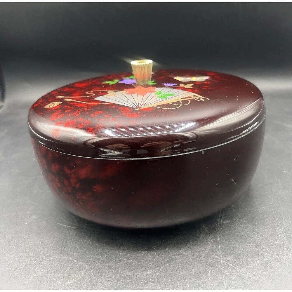 Vintage ONO Japanese Lacquer Style Jewelry Trinket Box Red Floral Fan Made Japan